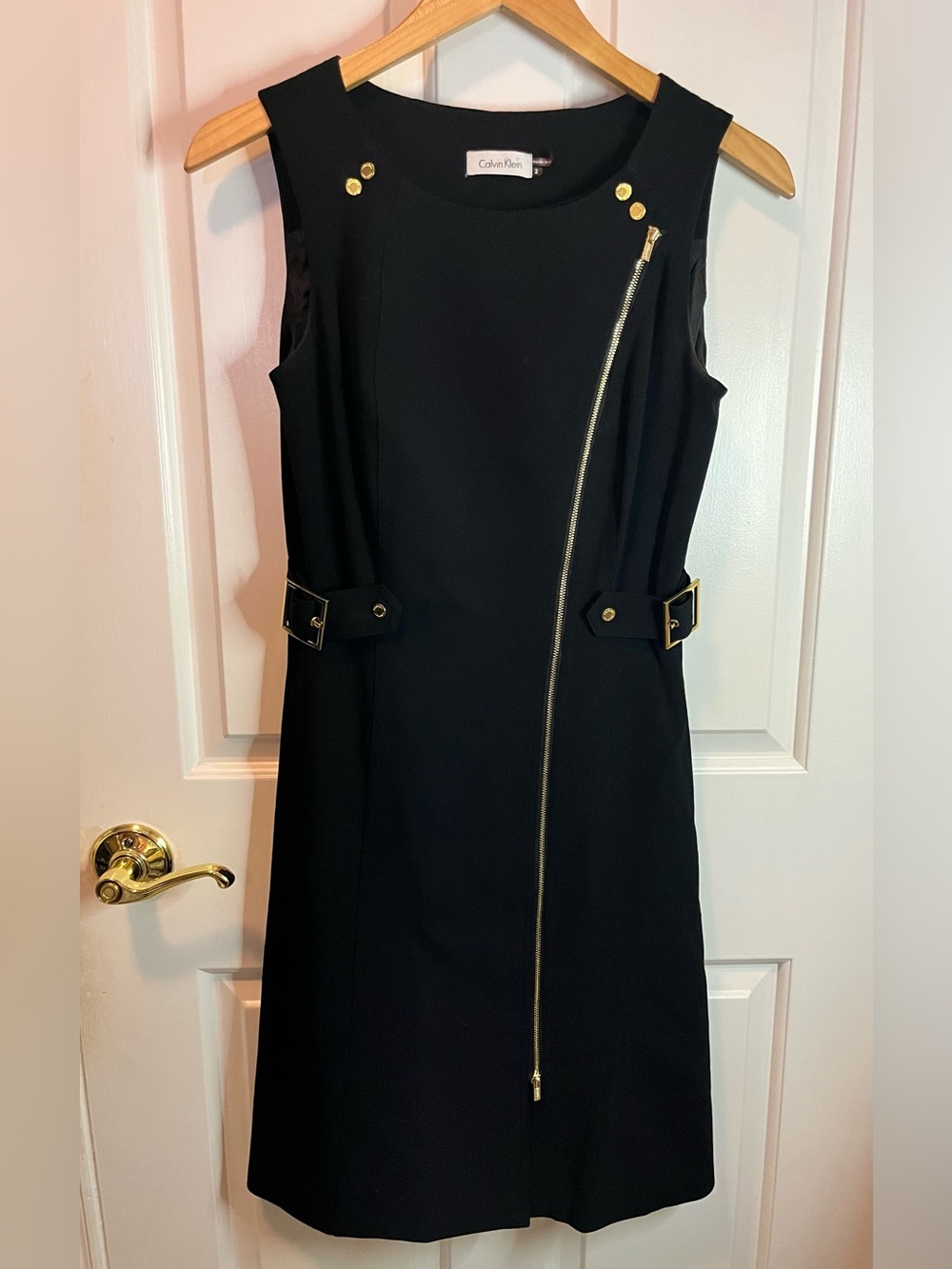 Calvin Klein Black Sleeveless Midi Dress with Gold Zip and Buckle Details Sz 2